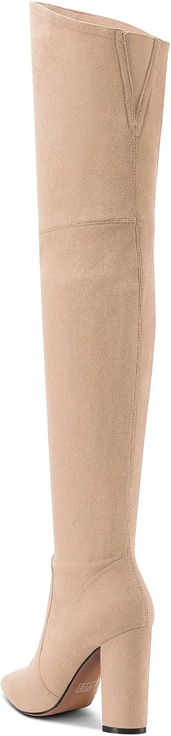Castamere Womens High Heels Over The Knee Boots Sexy Pointy Toe Chunky Block 10CM Heel Boot with Zipper