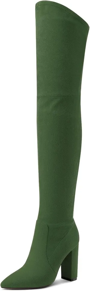 Castamere Womens High Heels Over The Knee Boots Sexy Pointy Toe Chunky Block 10CM Heel Boot with Zipper