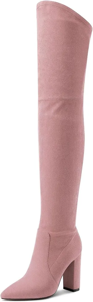 Castamere Womens High Heels Over The Knee Boots Sexy Pointy Toe Chunky Block 10CM Heel Boot with Zipper