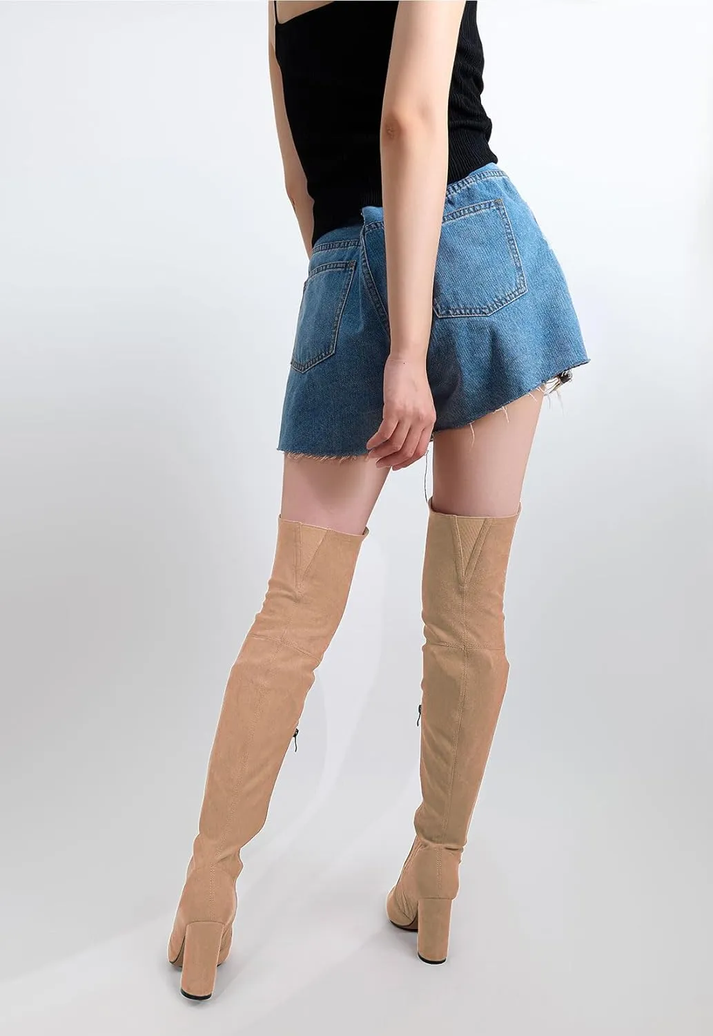 Castamere Womens High Heels Over The Knee Boots Sexy Pointy Toe Chunky Block 10CM Heel Boot with Zipper
