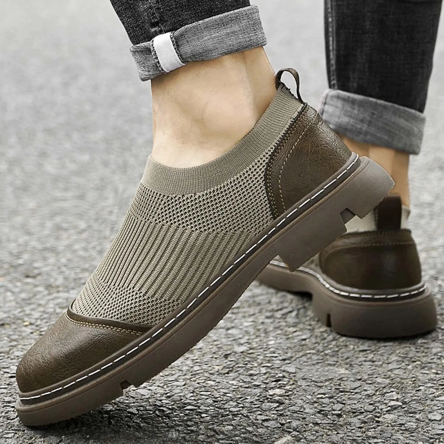 CERYTHRINA Men's Invisible Height Increasing Elevator Shoes 2 Inches Taller Mesh Leather Slip-on Casual Loafers