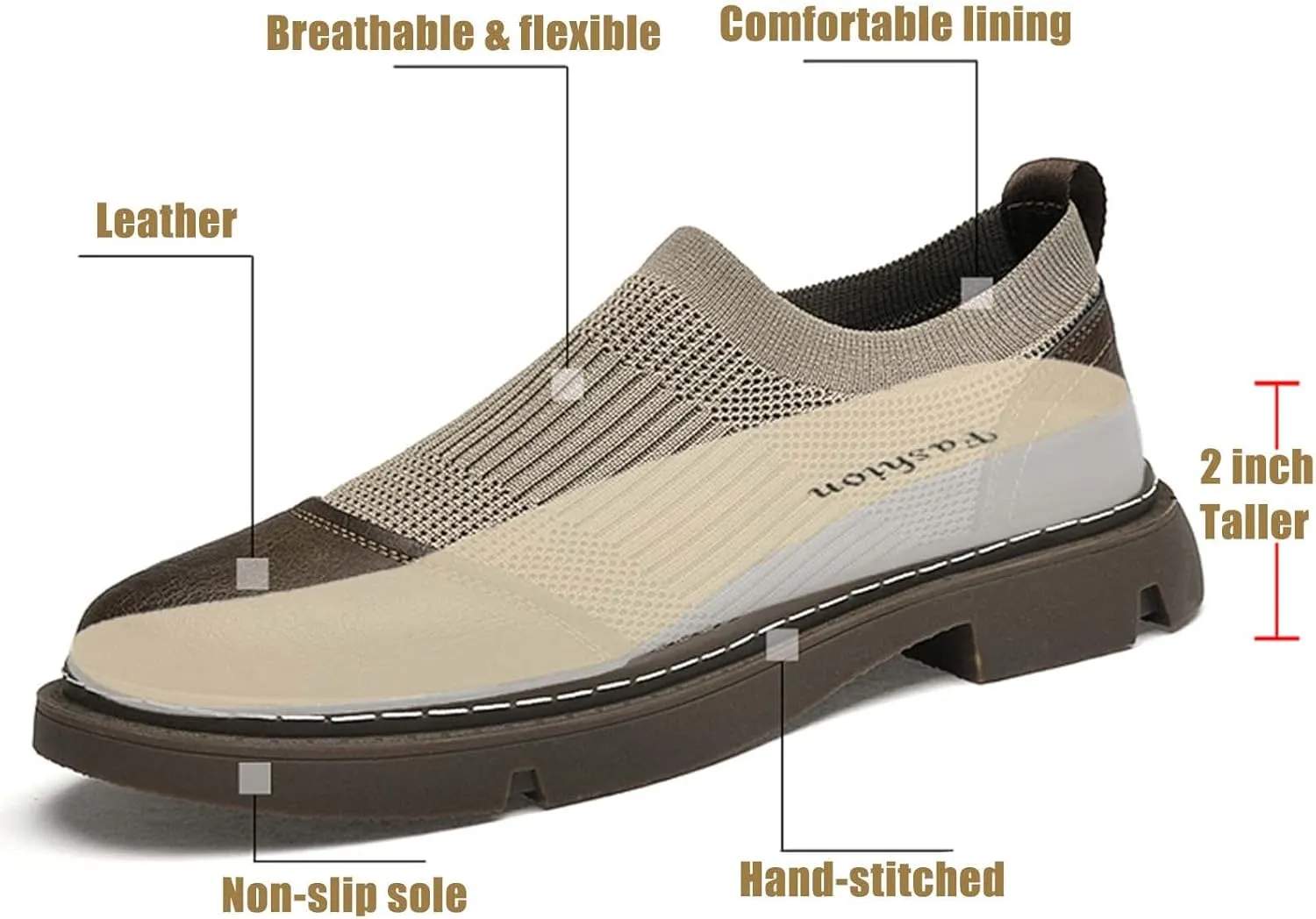 CERYTHRINA Men's Invisible Height Increasing Elevator Shoes 2 Inches Taller Mesh Leather Slip-on Casual Loafers