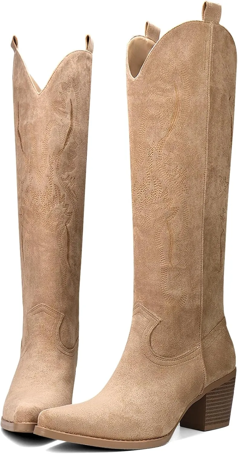 Cowboy Boots for Women Knee High Boots Pointy Toe Suede Boots with Embroidered Chunky Heel Western Cowgirl Boots