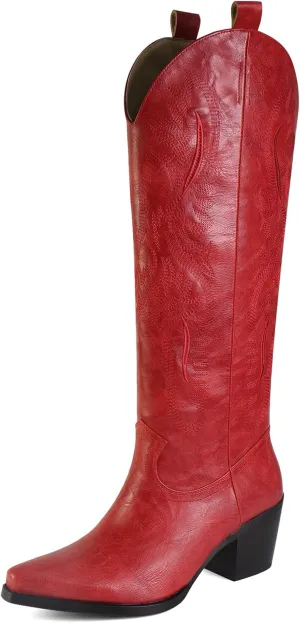 Cowboy Boots for Women Knee High Boots Pointy Toe Suede Boots with Embroidered Chunky Heel Western Cowgirl Boots