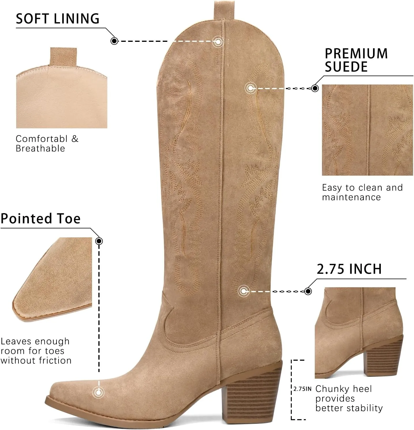 Cowboy Boots for Women Knee High Boots Pointy Toe Suede Boots with Embroidered Chunky Heel Western Cowgirl Boots