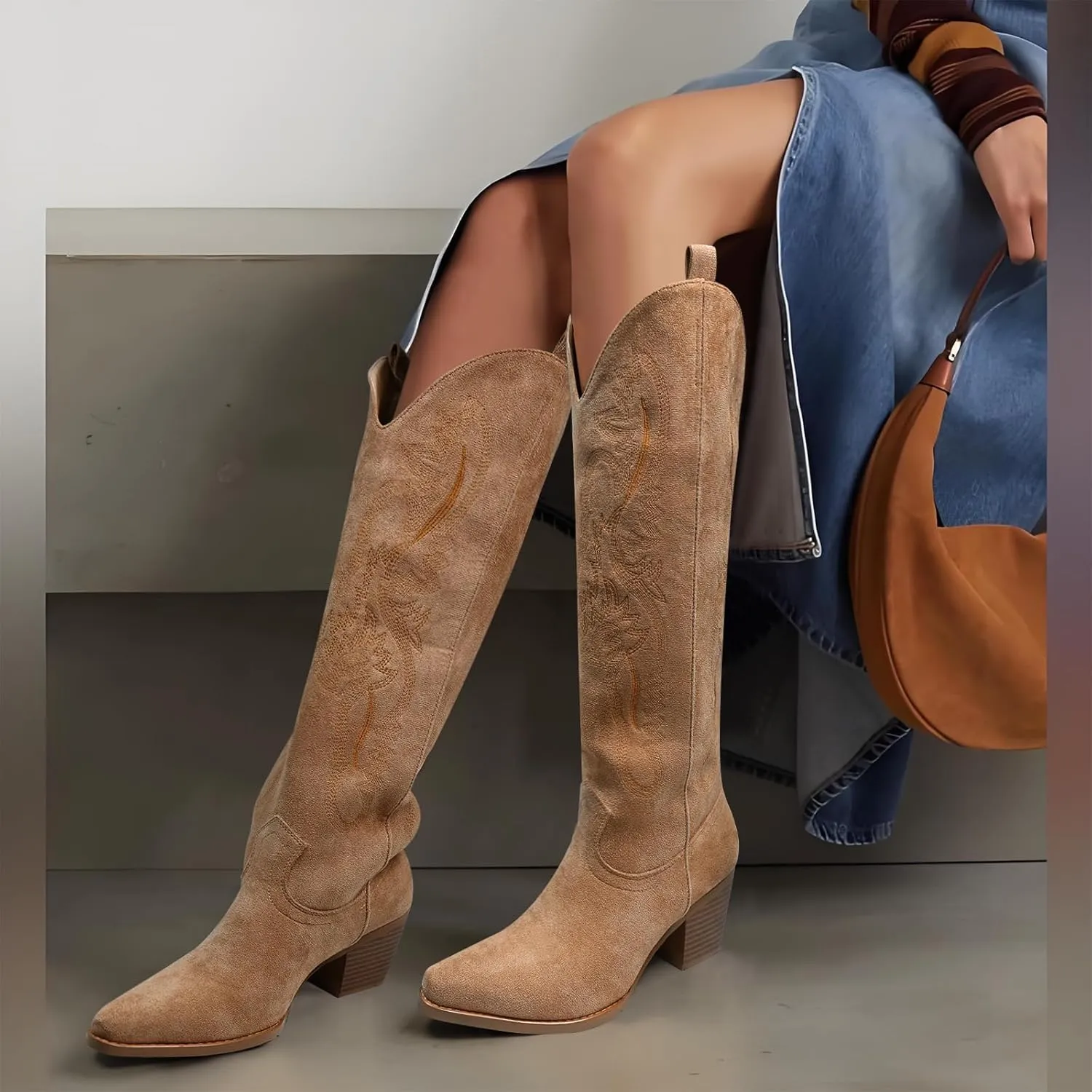Cowboy Boots for Women Knee High Boots Pointy Toe Suede Boots with Embroidered Chunky Heel Western Cowgirl Boots