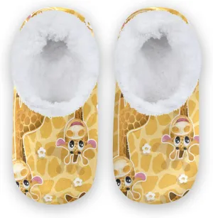 Cute Giraffes Flower Kids House Slippers Giraffe Animal Print Boys Closed Back Fuzzy Feet Slippers Girls Coral Fleece Slipper Socks No Skid Warm Cozy Home Slippers For Indoor Outdoor Winter Bedroom