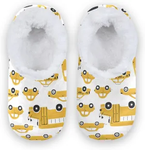 Cute Yellow Cars School Bus Kids House Slippers Cartoon Town Boys Closed Back Fuzzy Feet Slippers Girls Coral Fleece Slipper Socks No Skid Warm Cozy Home Slippers For Indoor Outdoor Winter Bedroom X