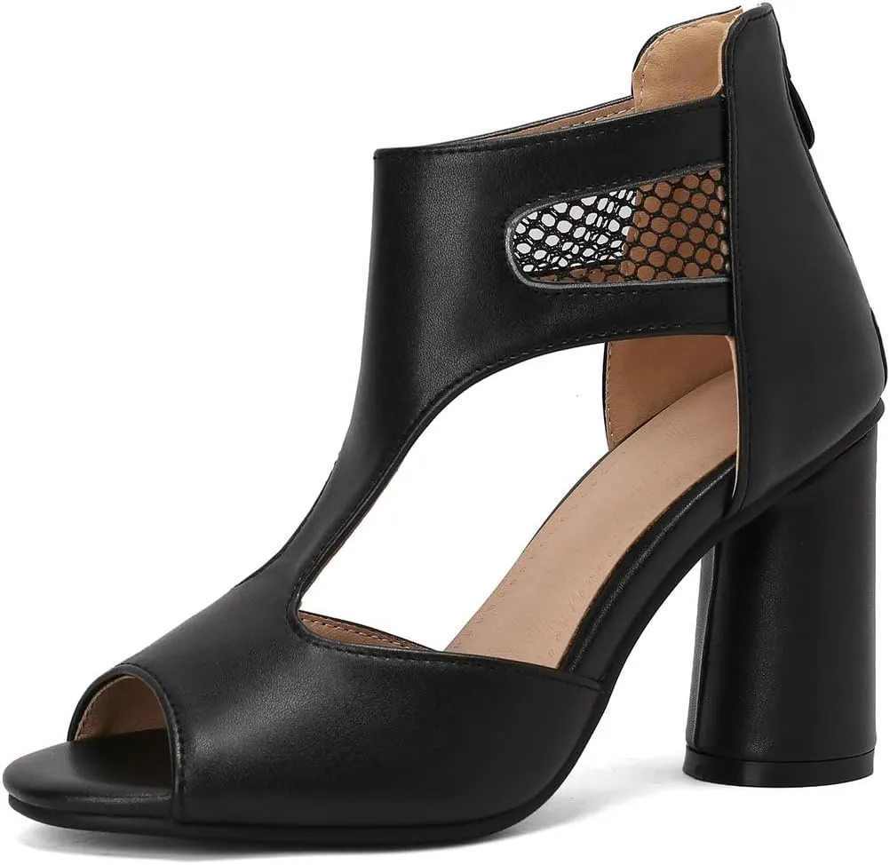DINTAHA Open Toe Booties Caged Peep Toe Heeled Sandals Chunky Heel Cutout Summer Ankle Boots