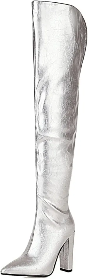 Elbslutt Chunky Thigh High Boots Patent Leather Pointed Toe Over The Knee Boots Back Zip Long Boots for Women