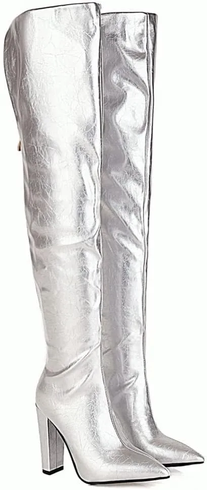 Elbslutt Chunky Thigh High Boots Patent Leather Pointed Toe Over The Knee Boots Back Zip Long Boots for Women