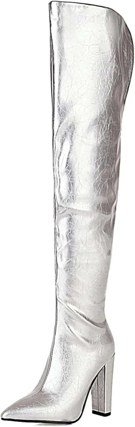 Elbslutt Chunky Thigh High Boots Patent Leather Pointed Toe Over The Knee Boots Back Zip Long Boots for Women