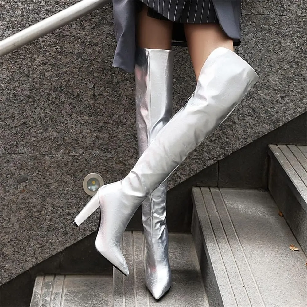 Elbslutt Chunky Thigh High Boots Patent Leather Pointed Toe Over The Knee Boots Back Zip Long Boots for Women