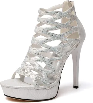 Eldof Women's Platform Sandals Open Toe Rhinestone Crisscross Strappy Platform Stiletto High Heel Diamond Blingbling Summer Sandals Wedding Dress Shoes