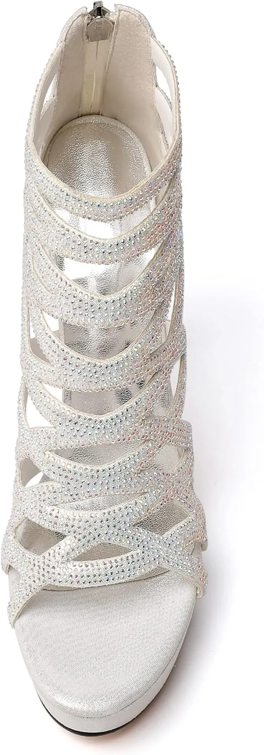 Eldof Women's Platform Sandals Open Toe Rhinestone Crisscross Strappy Platform Stiletto High Heel Diamond Blingbling Summer Sandals Wedding Dress Shoes