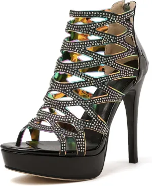 Eldof Women's Platform Sandals Open Toe Rhinestone Crisscross Strappy Platform Stiletto High Heel Diamond Blingbling Summer Sandals Wedding Dress Shoes