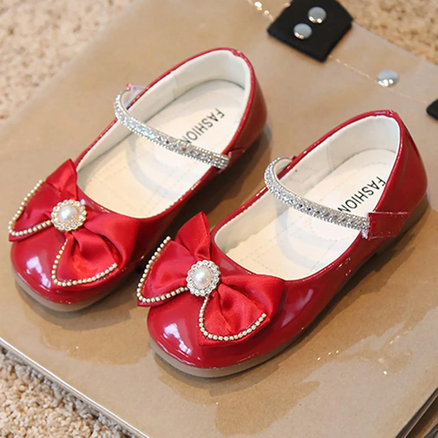 Fashion Girls Autumn Dress Shoes Pearl Diamond Decoration Bowknot Casual Thick Sole Round Toe Buckle Shoes
