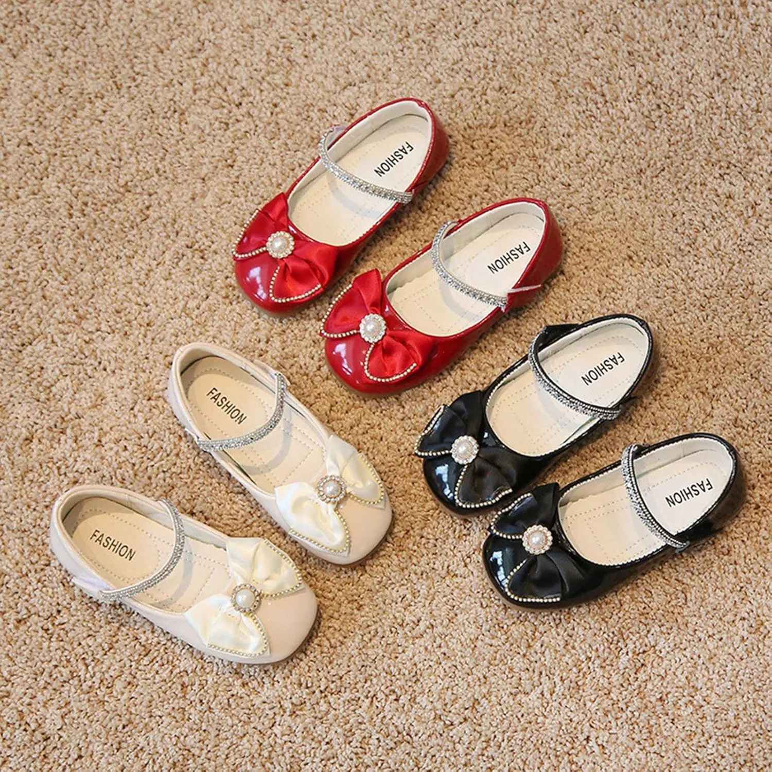 Fashion Girls Autumn Dress Shoes Pearl Diamond Decoration Bowknot Casual Thick Sole Round Toe Buckle Shoes