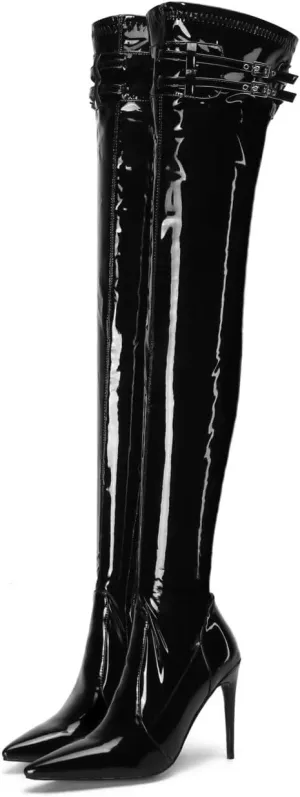Frankie Hsu Sexy Stiletto Over The Knee Boot, Fashion Classic Special Black Faux Patent Leather Thigh Style, Large Big Size Buckle Belt High Heels Above The Knee Long Boots For Women