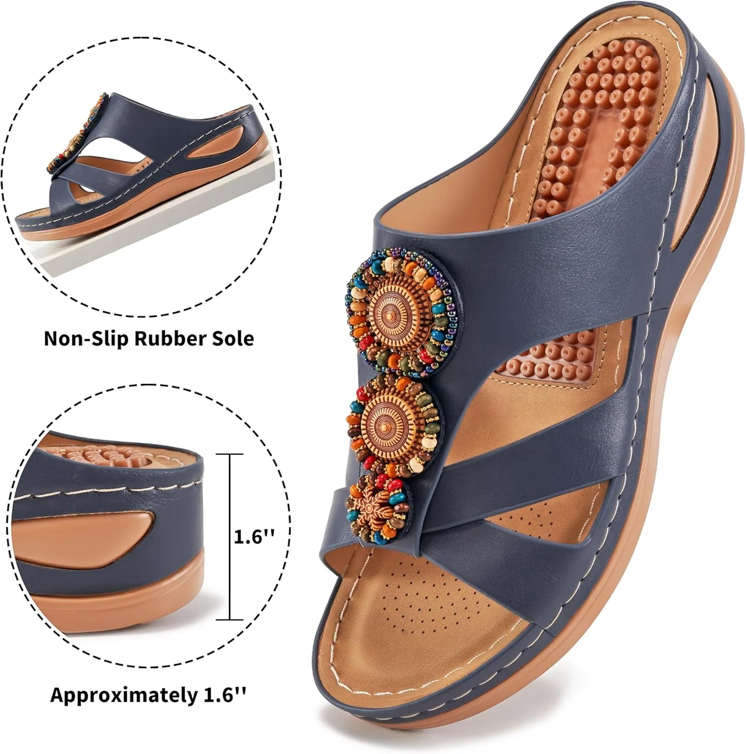 FUDYNMALC Womens Slides Orthopedic Sandals: Summer Dressy Wedge Shoes Handmade Bead Casual Walking Footwear with Comfortable Plantar Fasciitis Support