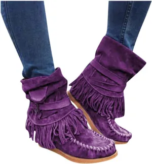 Gibobby Boots for Womens Mid Knee High Boots Platform Heel Fringe Side Zipper Fashion Winter Shoes Cowboy Booties
