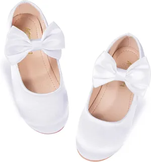 Girls' Mary Jane Ballet Flats - Bow & Velcro Strap Princess Shoes for Wedding, Party, School | Comfortable Non-Slip Satin Dress Shoes