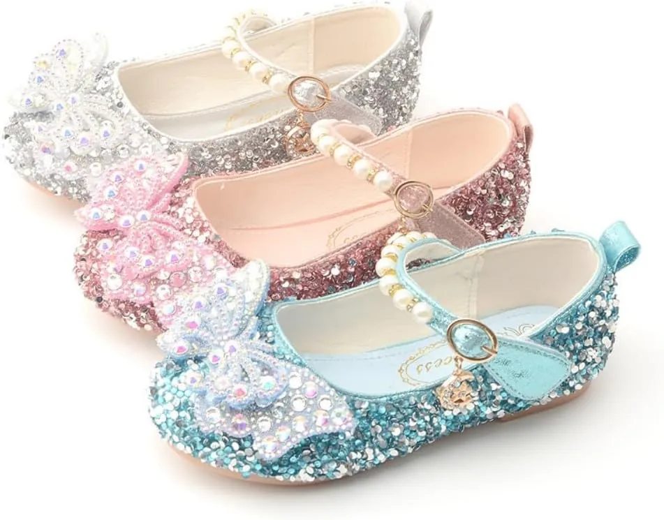 Girls Sparkle Princess Dress Shoes Bow Wedding Party Flower Bridesmaids Mary Jane Ballet Flats for Kid Toddler