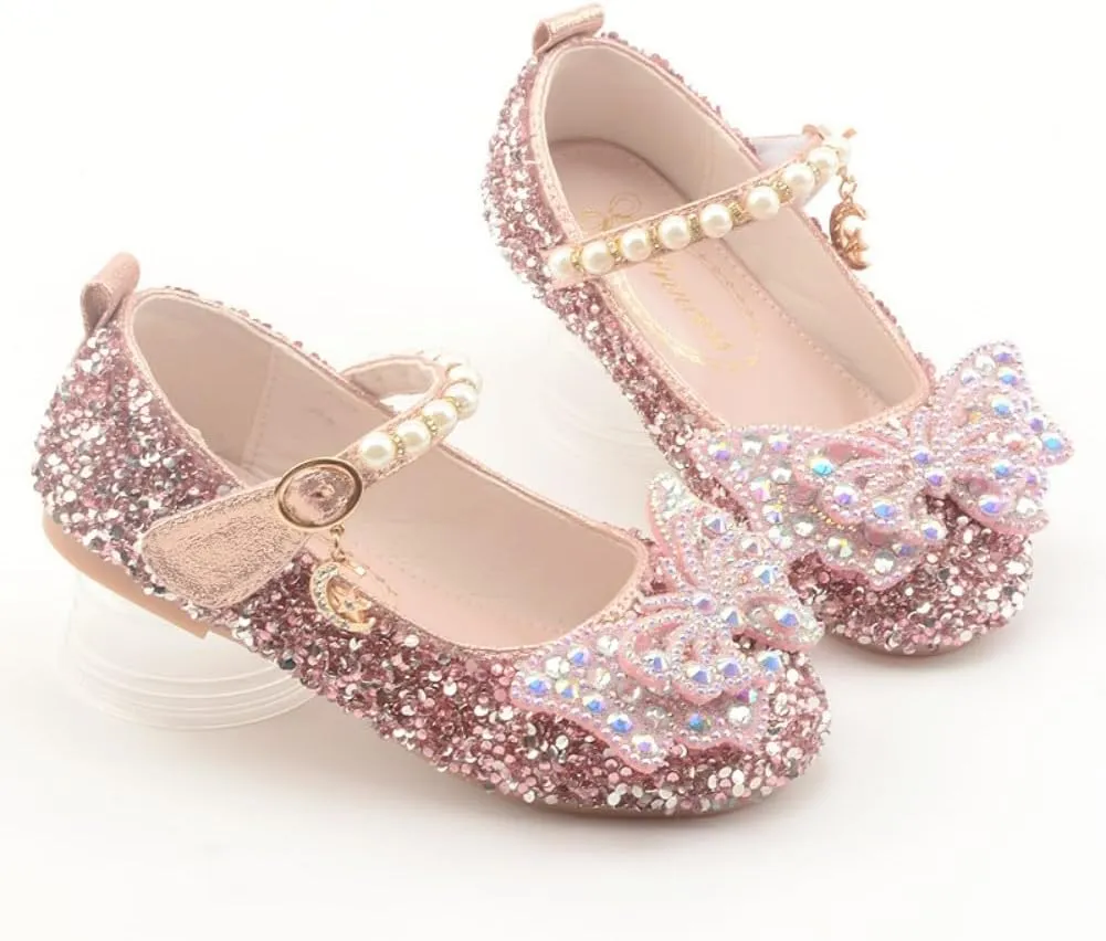 Girls Sparkle Princess Dress Shoes Bow Wedding Party Flower Bridesmaids Mary Jane Ballet Flats for Kid Toddler