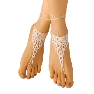 Hand Crochet Barefoot Sandals, Boho Bridal Shoes for Beach Weddings, Lace Foot Jewelry for Women, Adjustable One Size, Women's Beach Footwear (Ivory)
