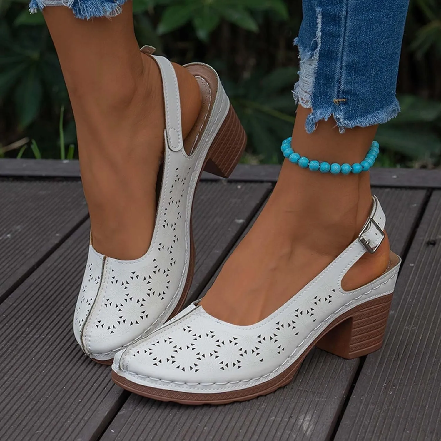 Heeled Sandals Orthopedic Slingback Slip On Chunky Low Heel Sandals Closed Toe Breathable Slingback Ankle Strap Walking Shoes Hollow Out Summer Outdoor Womens Shoes