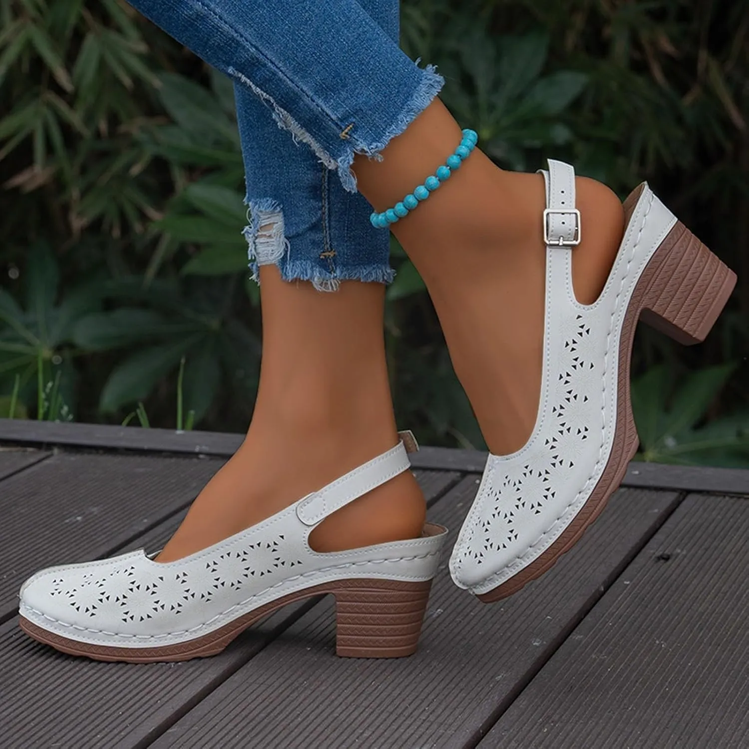 Heeled Sandals Orthopedic Slingback Slip On Chunky Low Heel Sandals Closed Toe Breathable Slingback Ankle Strap Walking Shoes Hollow Out Summer Outdoor Womens Shoes