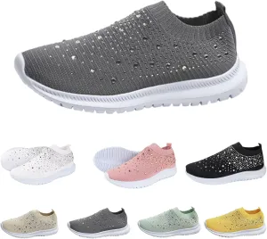Hrtesus Women's Flower Rhinestone Sock Comfortable Slip On Sports Sneakers, Slip On Knitted Sock Sneakers with Arch Support Walking Shoes