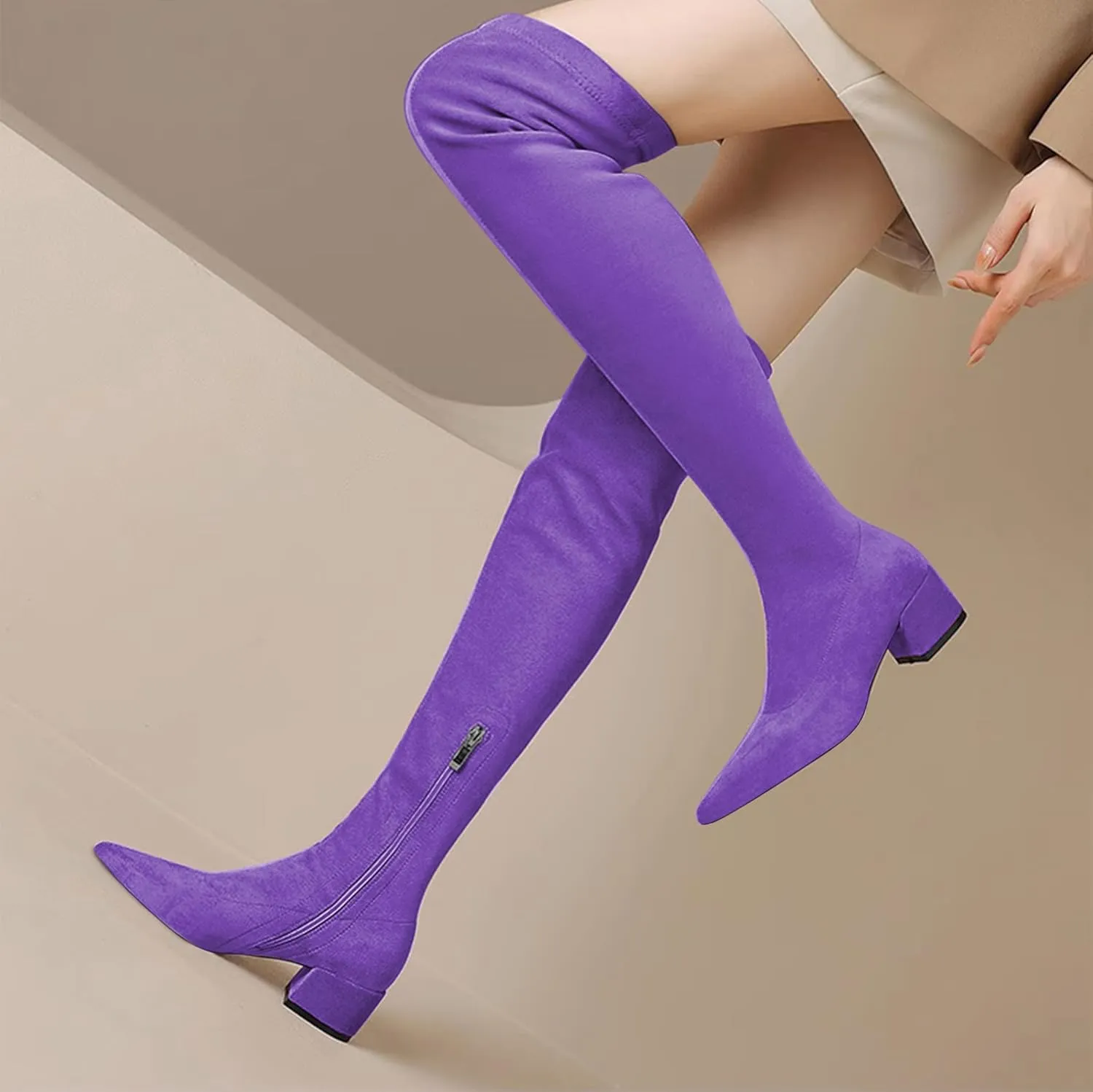Joseywade Over The Knee Boots for Women Block Heel Thigh High Boots with Side Zipper Pointed Toe Tall Boots