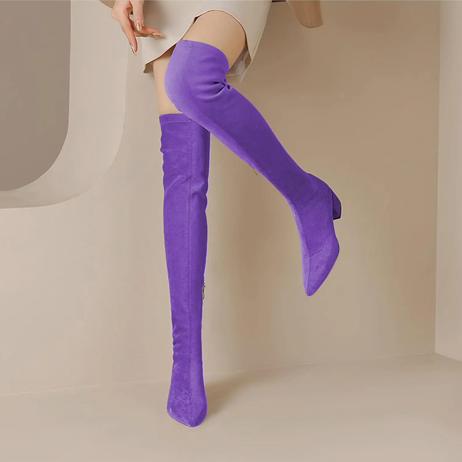 Joseywade Over The Knee Boots for Women Block Heel Thigh High Boots with Side Zipper Pointed Toe Tall Boots