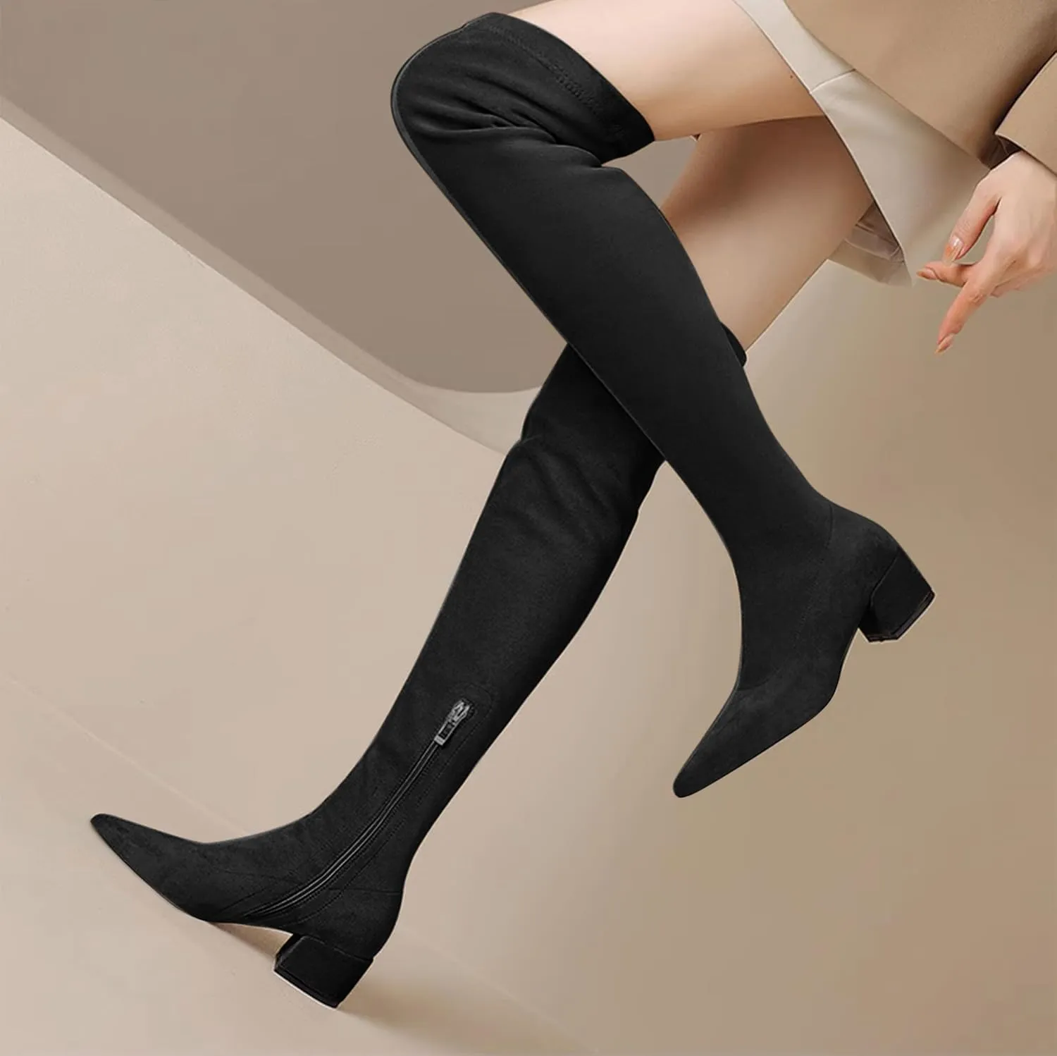 Joseywade Over The Knee Boots for Women Block Heel Thigh High Boots with Side Zipper Pointed Toe Tall Boots