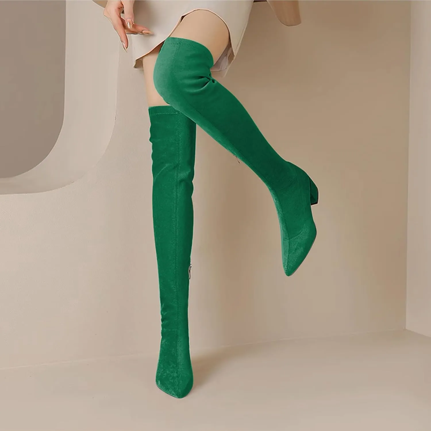 Joseywade Over The Knee Boots for Women Block Heel Thigh High Boots with Side Zipper Pointed Toe Tall Boots