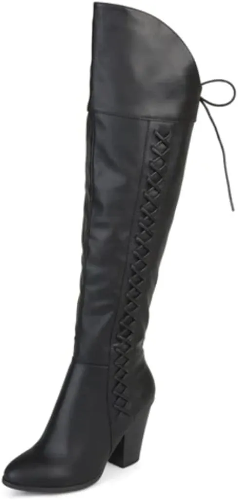 Journee Collection Womens Spritz Over-the-Knee Boots Regular and Wide Calf with Stacked Heel, Black Leather, 6.5