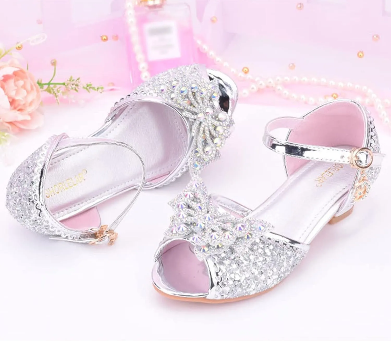 Kids Toddler Girls Rhinestones Butterfly Dress Shoes Wedding Party Open Toe Heel Mary Jane Princess Flower Shoes