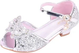 Kids Toddler Girls Rhinestones Butterfly Dress Shoes Wedding Party Open Toe Heel Mary Jane Princess Flower Shoes