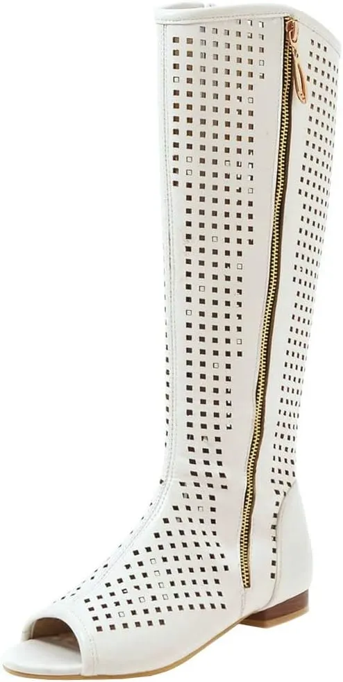 KISSASA Womens Knee High Flat Gladiator Zip Up Sandals Peep Toe Low Heel Summer Boots
