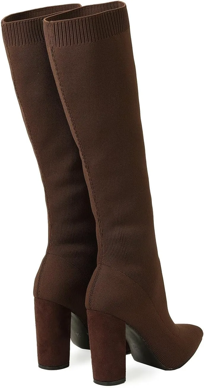 Knit Sock Boots for Women Knee High Pointed Toe Chunky Heel Over The Knee Boots Stretch Pull On Boots