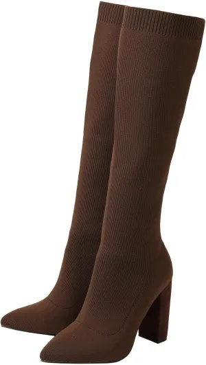Knit Sock Boots for Women Knee High Pointed Toe Chunky Heel Over The Knee Boots Stretch Pull On Boots