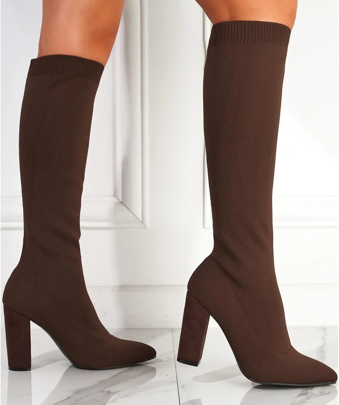 Knit Sock Boots for Women Knee High Pointed Toe Chunky Heel Over The Knee Boots Stretch Pull On Boots