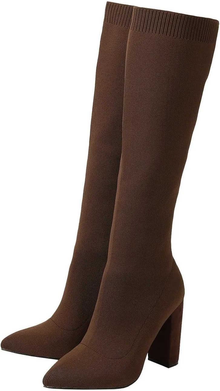Knit Sock Boots for Women Knee High Pointed Toe Chunky Heel Over The Knee Boots Stretch Pull On Boots