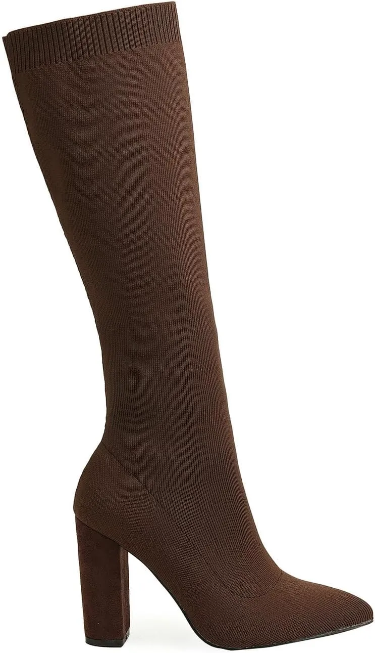 Knit Sock Boots for Women Knee High Pointed Toe Chunky Heel Over The Knee Boots Stretch Pull On Boots