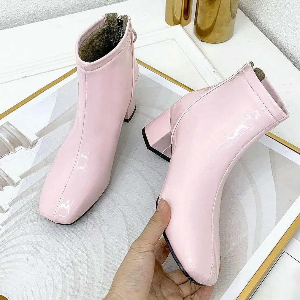 KOKOMOMO Womens Chunky Patent Heeled Ankle Boots Square Toe Zip Up Booties