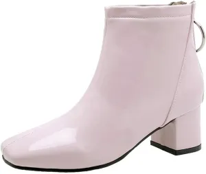 KOKOMOMO Womens Chunky Patent Heeled Ankle Boots Square Toe Zip Up Booties