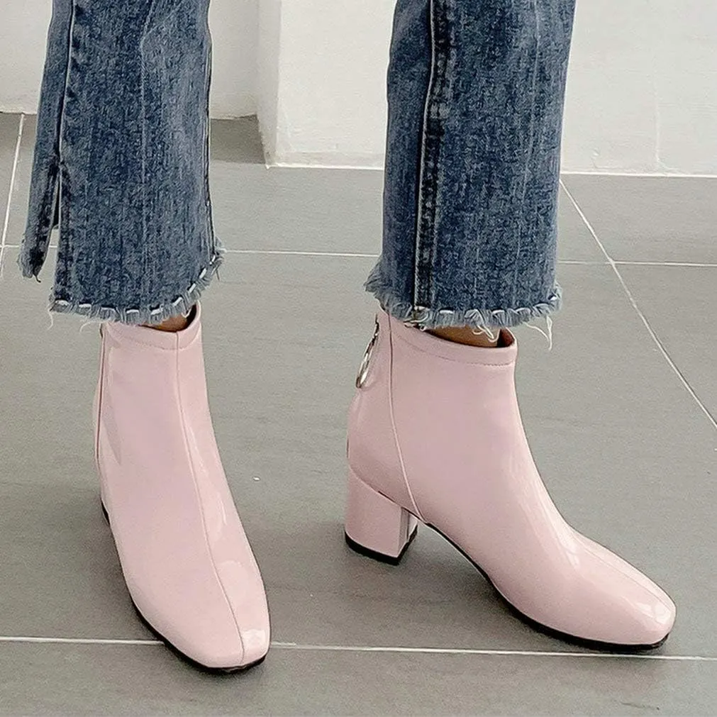 KOKOMOMO Womens Chunky Patent Heeled Ankle Boots Square Toe Zip Up Booties