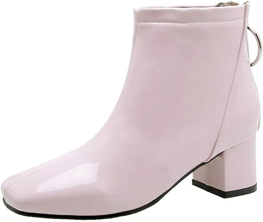 KOKOMOMO Womens Chunky Patent Heeled Ankle Boots Square Toe Zip Up Booties