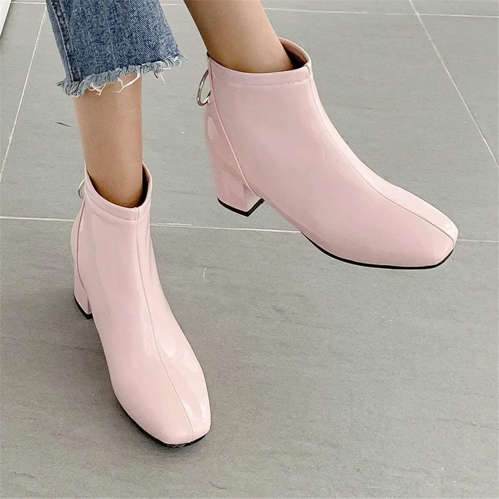 KOKOMOMO Womens Chunky Patent Heeled Ankle Boots Square Toe Zip Up Booties
